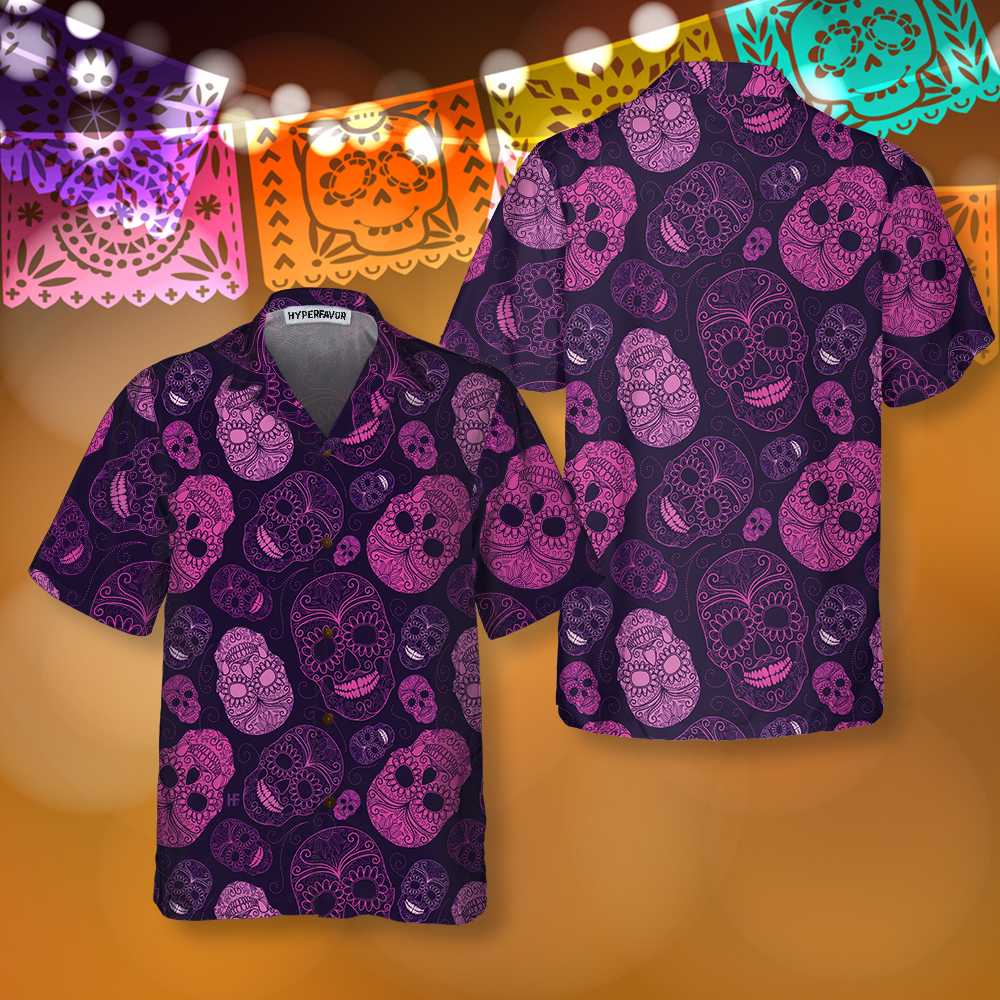 Purple Midnight Sugar Skull Hawaiian Shirt, Unique Day Of The Dead Skull Shirt For Men And Women