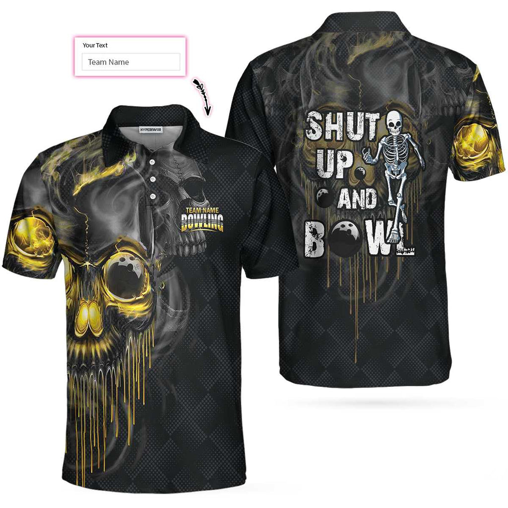 Shut Up And Bowl Golden Skull Custom Polo Shirt, Black Skull Bowling Shirt With Sayings, Personalized Bowling Gift
