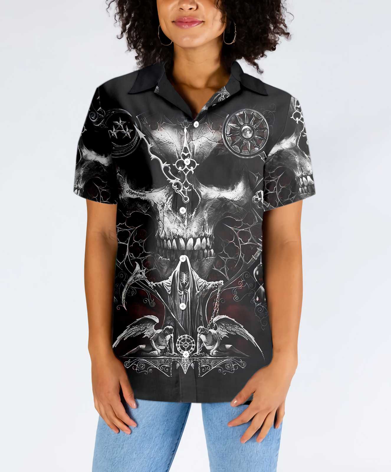 Skull Death Hawaiian Shirt, Black And White Gothic Skull Shirt For Men And Women