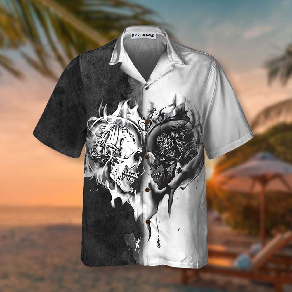 Skull Heart Flame Hawaiian Shirt, Black And White Skull Shirt For Men and Women
