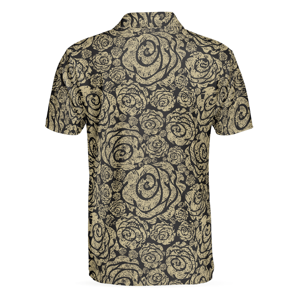 Seamless Beige Grunge Rose Pattern Polo Shirt, Cool Roses Graphic Polo Shirt, Rose Themed Shirt For Flower Lovers