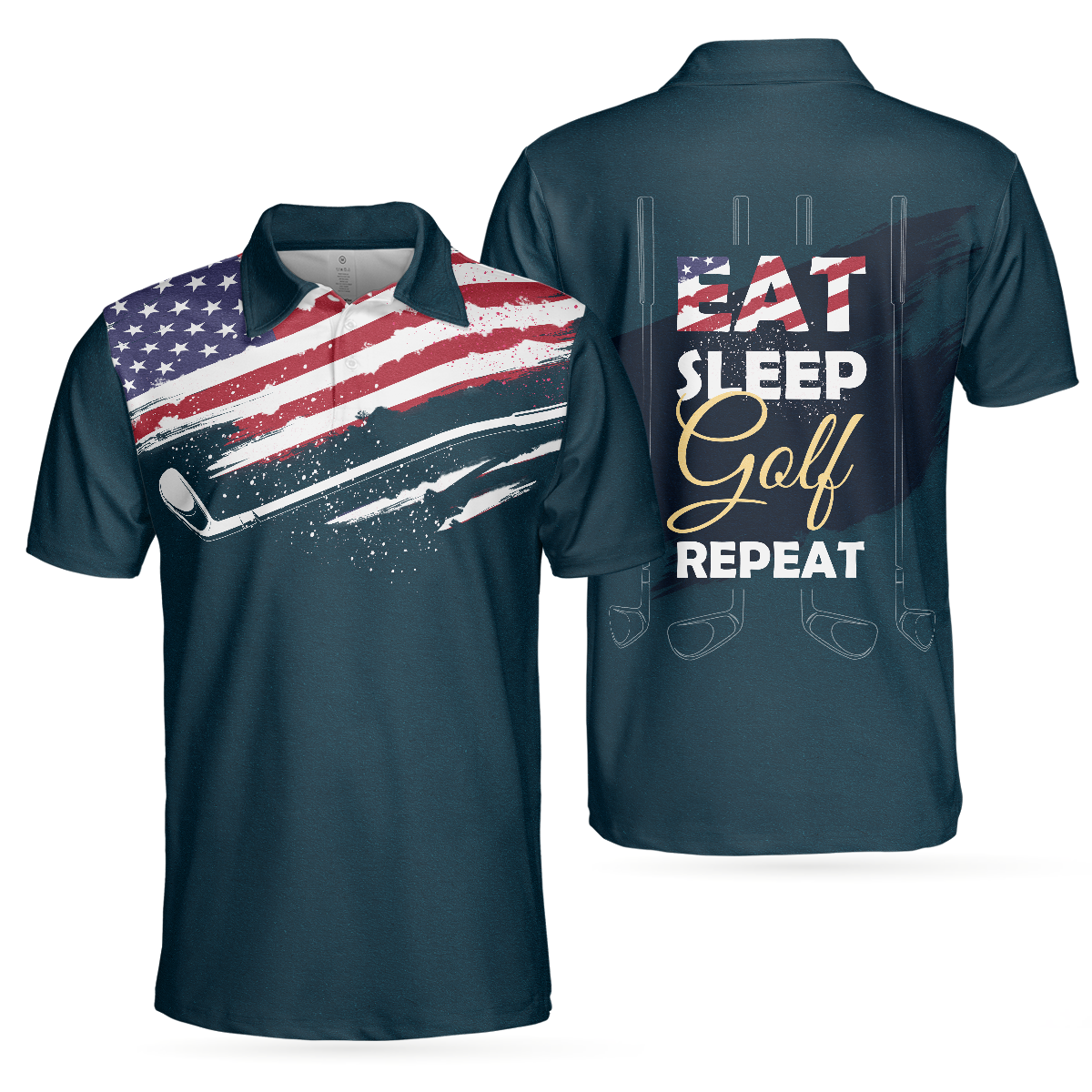 Eat Sleep Golf Repeat American Flag Short Sleeve Polo Shirt, Dark Navy Golf Shirt For Men
