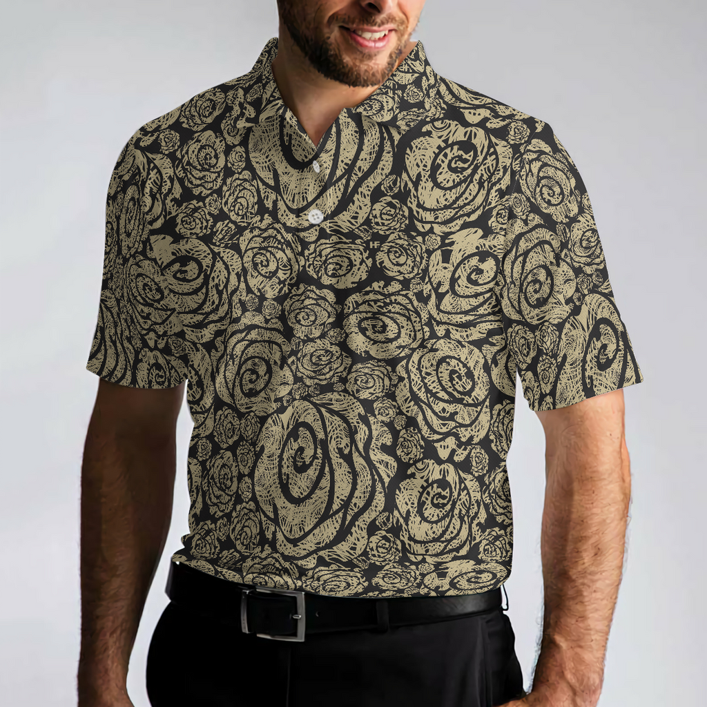 Seamless Beige Grunge Rose Pattern Polo Shirt, Cool Roses Graphic Polo Shirt, Rose Themed Shirt For Flower Lovers