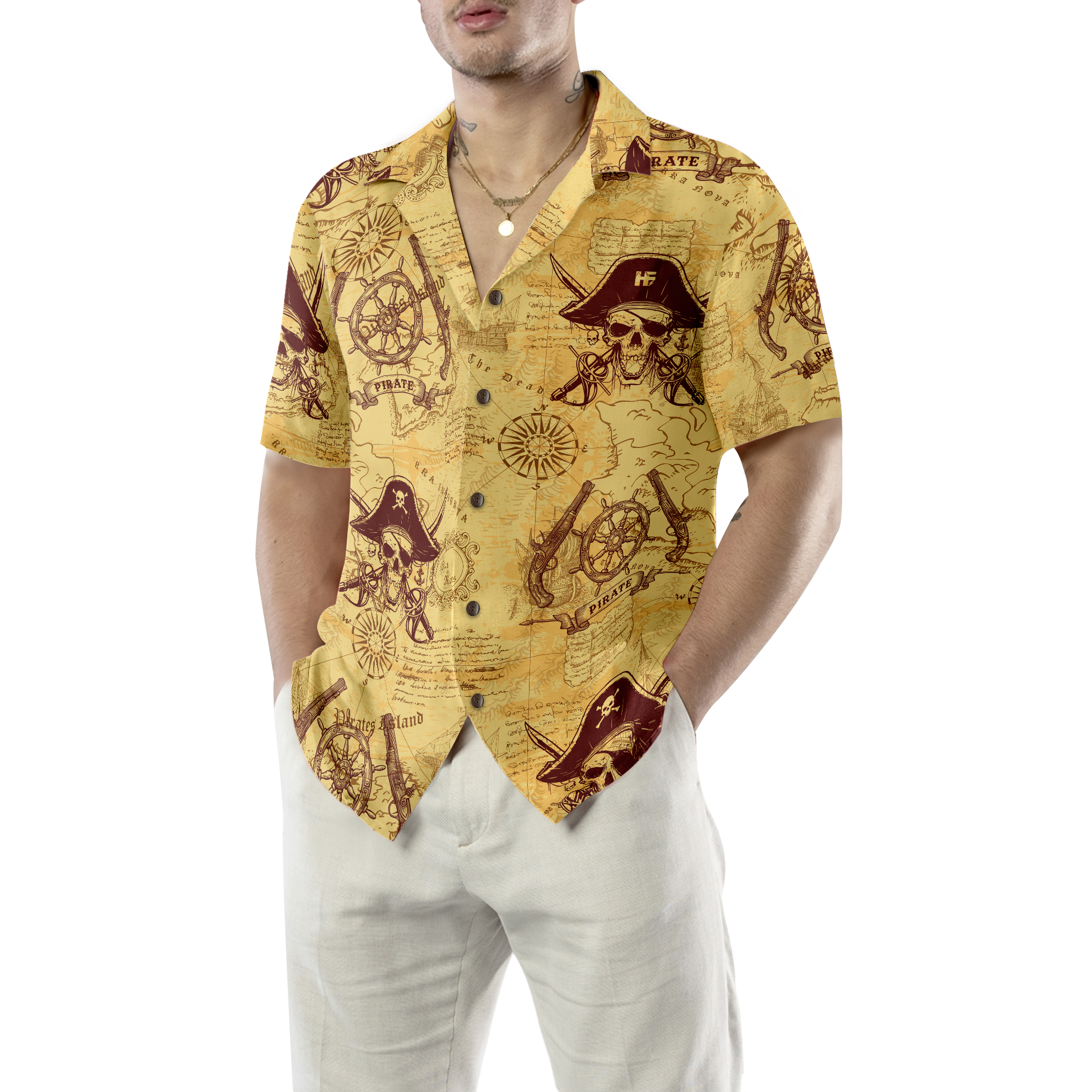 Skull Pirates Of The Ancient Sea Map Hawaiian Shirt